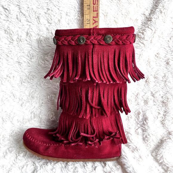 Minnetonka Suede 3-Layer Fringe Girls' Size 12 Toddler Red Zip Up Western - Picture 8 of 16